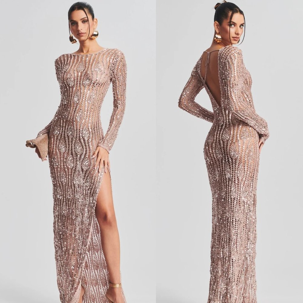 retrofete Cherri Sequin Crochet Maxi Dress in Rose Gold - Nude Tan Beige - M/L
